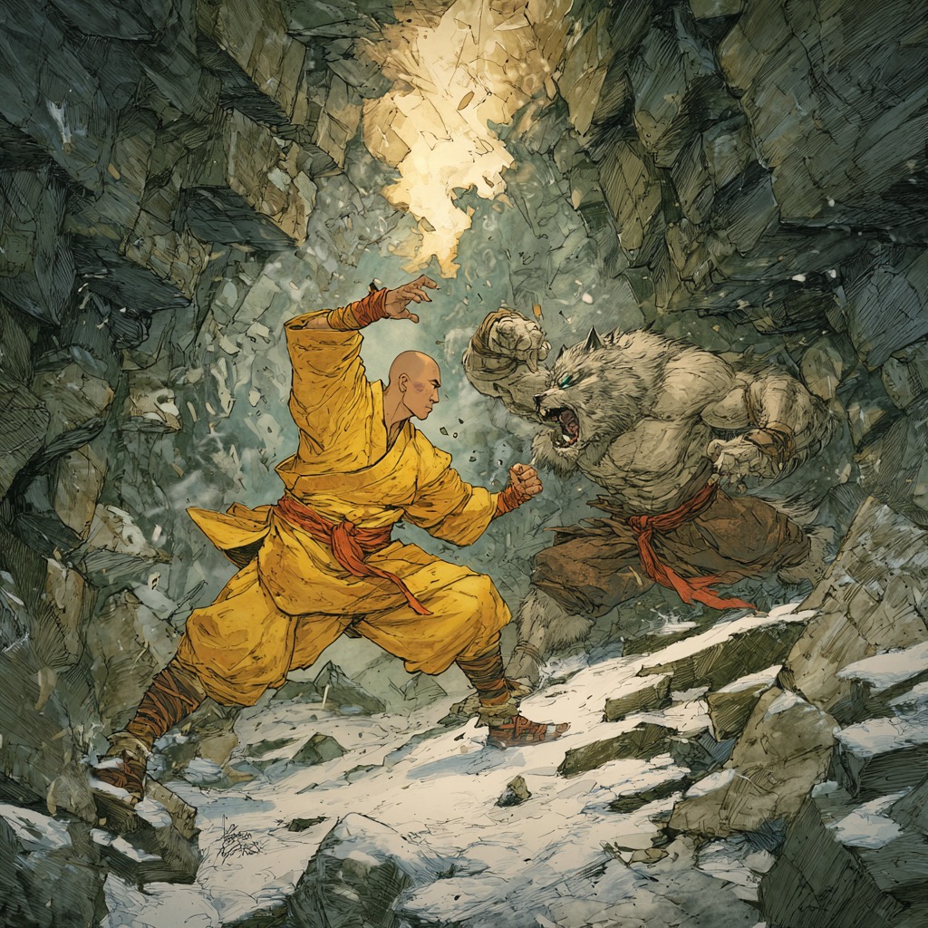 Illustrated monk vs wolf scene