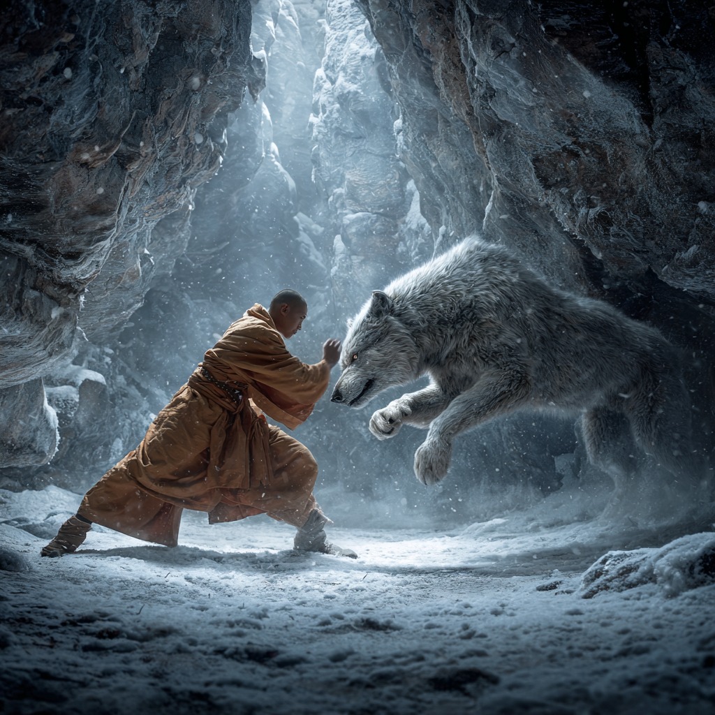 Realistic monk vs wolf scene